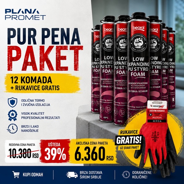 Beorol Pur Pena Niskoekspandirajuća za Stiropor Paket 12 kom + Gratis Rukavice – Plana Promet