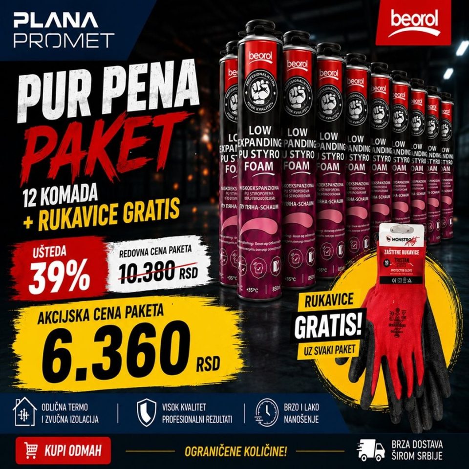 Beorol Pur Pena Niskoekspandirajuća za Stiropor Paket 12 kom + Gratis Rukavice – Plana Promet